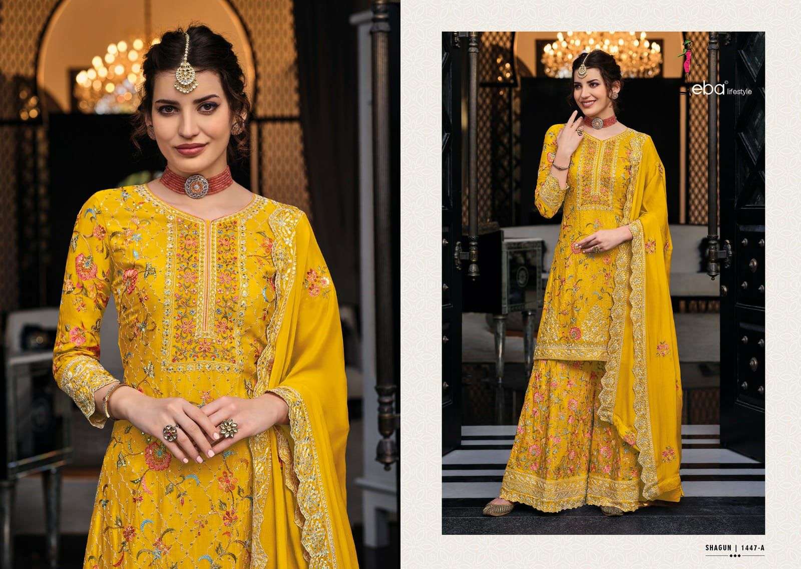 SHAGUN COLOR EDITION CHINON EMBOIDERY WORK KURTI WITH PLAZZO AND DUPATTA BY EBA LIFESTYLE BRAND 1447 A